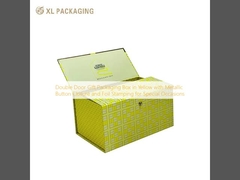 Double Door Gift Packaging Box in Yellow with Metallic Button Closure and Foil Stamping for Special Occasions