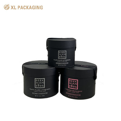 Buy Luxury Black Textured Paper Cylinder Candle Box with Elastic Ribbon Handle and Custom Pearl Foam Insert online manufacture