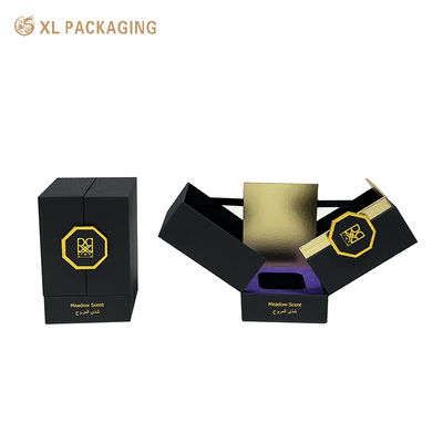 Buy Double Door Magnetic Closure Perfume Paper Box Black Gold Luxury Finish EVA Foam Insert online manufacture