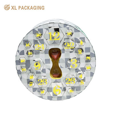 Buy Custom Round Advent Calendar Box with 24 Hexagonal Card Boxes, Yellow Flocked Blister Insert, and Silver Foil Stamping online manufacture