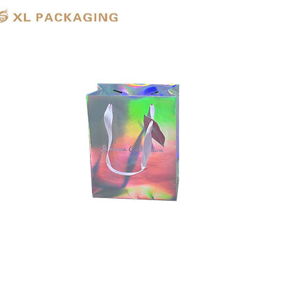 Buy Custom Holographic Paper Shopping Bags with Ribbon Handles for Cosmetics online manufacture