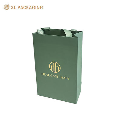 Buy Custom Gold Foil Logo Matte Sage Green Frosted Art Paper Gift Bag with Color-Matched Wide Satin Ribbon Handles online manufacture