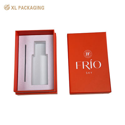 Buy Wholesale Custom 3 Pieces Top Base Orange Perfume Gift Box Automatic Machine Made with White Velvet Flocked EVA Insert online manufacture