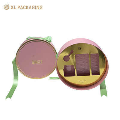 Buy Custom Round Two-Piece Lid and Base Cosmetic Gift Box, Nude Pink Rigid Box with Gold Hot Stamping with Green Satin Ribbon and PET Insert online manufacture