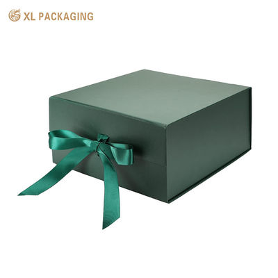Buy Custom Logo Dark Green Ribbon Closure Foldable Gift Box Flat Pack Packaging Box for Cosmetic & Gift online manufacture