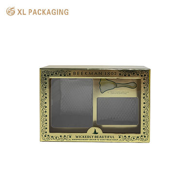 Buy Custom Gold Rigid Two-Piece Gift Box With PET Window, 2mm Grey Board Skincare Set Packaging Box For Body Lotion Soap With PET Insert online manufacture