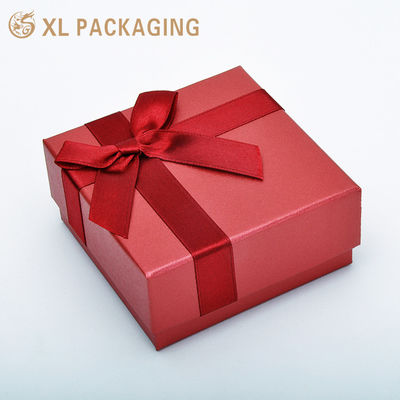 Buy Custom Red Ribbon Bow Jewelry Gift Box, Rigid 2‑Piece Lid Base Box With Black Foam Insert for Ring Earring online manufacture
