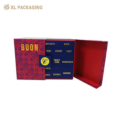 Buy Custom Double Door Advent Calendar Box for Seasoning, Hot Gold Foil Logo, 24 Mixed Size Navy Drawer Boxes with Gold Foil Number online manufacture