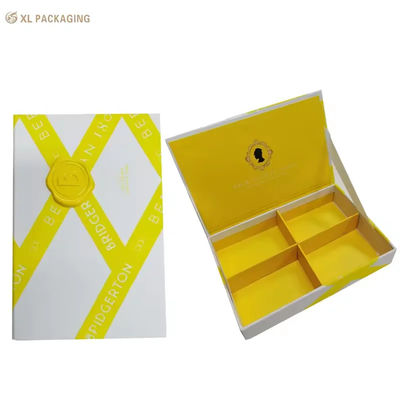 Buy Custom Magnetic Book Soap Gift Box With Resin Wax Seal, Double Ribbon Pull 4 Compartments Divider Custom Bath Soap Packaging Box online manufacture