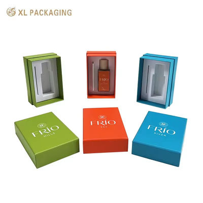 Buy Custom Luxury Green 3-Piece Rigid Fragrance Packaging Box White Logo Printing, EVA Tray With Separate Slots For Perfume & Card, Multiple Box Styles & Inner Foam online manufacture