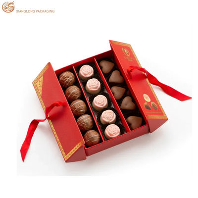 Buy 350gsm White Cardboard Double Door Chocolate Box with Gold Foil Stamping and Ribbon Closure online manufacture