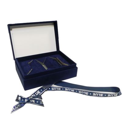 Buy Luxury Blue Velvet Gift Box Ribbon Bow Custom Logo Foil Stamping For Jewelry online manufacture