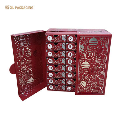Buy Luxury Red Advent Calendar Box with Full Silver Hot Stamping and Magnetic Closure for 24 Independent Drawers online manufacture