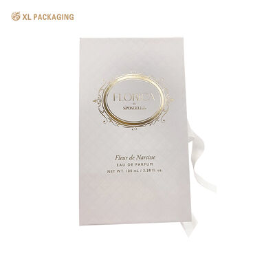 Buy Book Shape Perfume Gift Box with White Ribbon, Embossed & Hot Stamping Gold Luxury Fragrance Packaging Box online manufacture