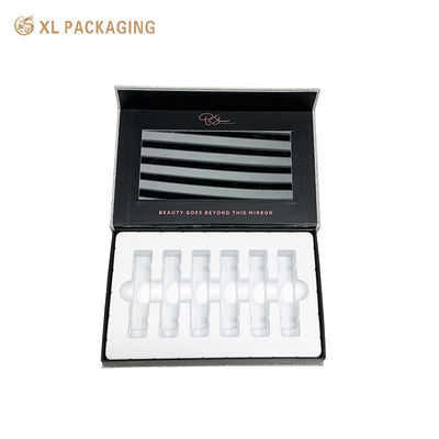Custom Magnetic Flip Rigid Box with Hidden Magnetic Closure Large Mirror Window and Shockproof Foam Insert for Beauty Ampoule Gift Packaging