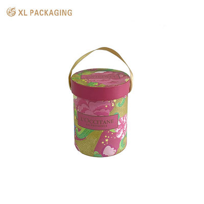 Custom Round Paper Tube Gift Box with 2mm Rigid Paperboard, 4-Color CMYK Printing, and Gold Satin Ribbon Handle