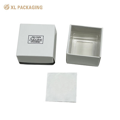 Luxury White Embossed Chocolate Box with PET Tray - Flat Shippable Two-Piece Foldable Candy Gift Box with Black Foil Stamping