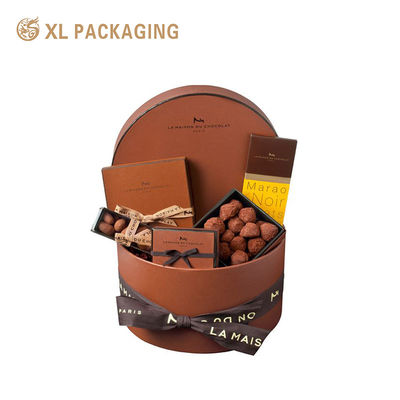 French Style Round Chocolate Gift Box 2-Piece Brown Cylindrical Packaging Tube with Gold Foil Logo & Satin Ribbon