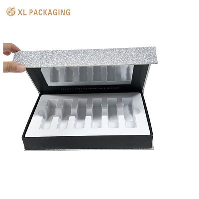 Luxury Silver Glitter Magnetic Gift Box with Mirror and Customizable PVC Tray for Cosmetic Packaging