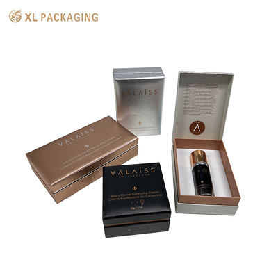 Hinged Cosmetic Paper Box with Rose Gold Foil Stamping Custom Flocked Foam Liner and Matte Metallic Paper for Skincare Packaging
