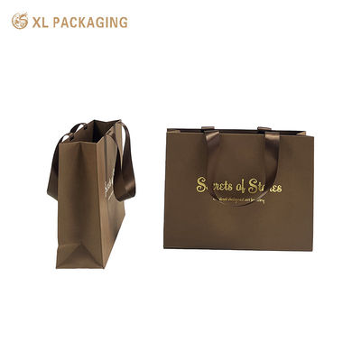 Textured Matte Brown Luxury Paper Tote Bag with Custom Gold Foil Hot Stamping and Reinforced Satin Ribbon Handles