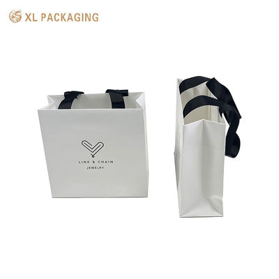 White Kraft Jewelry Paper Gift Bags Recyclable Paper Bags With Black Ribbon Handles For Jewelry