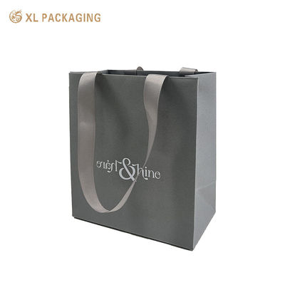 Luxury Gray Paper Gift Bag with Custom Logo, Textured Heavy-Duty Cardstock and Ribbed Fabric Handles for Boutique Packaging