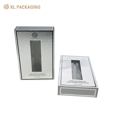Custom Logo Magnet Cosmetic Gift Box with Matte Lamination PVC Window and White Flocking Tray for Anti-Aging Serum Packaging