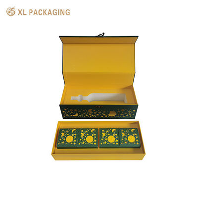Custom Double Layer Flip Mooncake Gift Box With Metal Handle Lock, Green Hot Stamping Gold Laser Cut Sleeve Wine Packaging Box For Mid Autumn Festival
