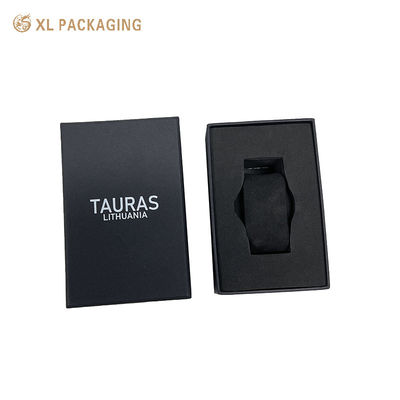 Luxury Black Textured Paper Watch Rigid Box | Recyclable Two-Piece Lid Base Watch Gift Box with EVA Foam Tray & Watch Pillow