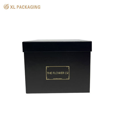 Two Piece Black Matte Rigid Flower Box With Gold Foil Logo Custom Handle Floral Packaging Box