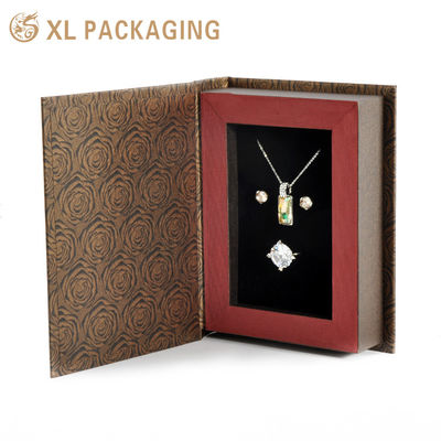 Custom Magnetic Closure Jewelry Box with 350gsm Kraft Paper, Black Velvet Lined Sponge Tray and Brown Red Embossed Finish