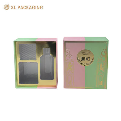 Elegant Split Pink Green Rigid Skincare Gift Box Dual Gold & Black Hot Stamping, Custom PET Insert Lined Gold Card Luxury Cosmetic Packaging Box