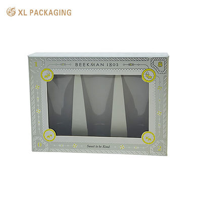 Custom Printed Gift Box with Clear PET Window Rigid Cardboard Material and Silver Foil Stamping for Cosmetics