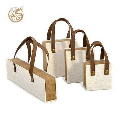 Custom Linen Texture Magnetic Bracelet Gift Box with Leather Handle, Recycled Rigid Paper Box with Velvet Sponge Insert