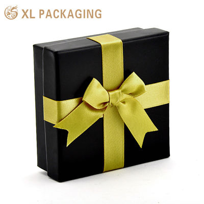 Custom Black Matte Rigid Jewelry Gift Box with 2mm Rigid Board, Gold Satin Bow & Velvet Sponge Insert