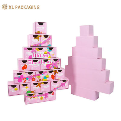 Custom Christmas Tree Shape Advent Calendar Box, 7 Layers Structure, 24pcs 350gsm Pink Card Drawers, Matte Finish for Nail Polish & Beauty Gift Set