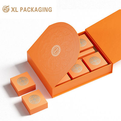 Custom Magnetic Double Door Luxury Chocolate Box with 7 Inner Small Boxes and Orange Embossed Hot Stamping