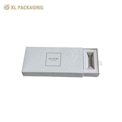 White Embossed Drawer Perfume Gift Box with Ribbon Handle, Flat Packable Cardboard Box with Custom Paper Insert