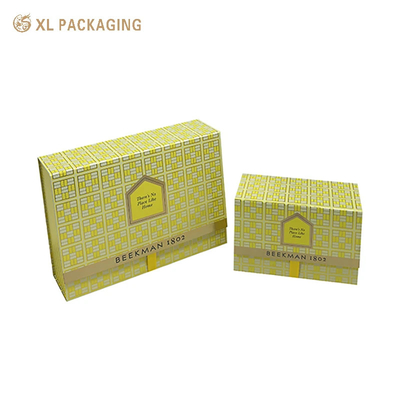 XL Packaging Custom Luxury Boxes Double Door Gift Packaging Box in Yellow with Metallic Button Closure and Foil Stamping for Special Occasions