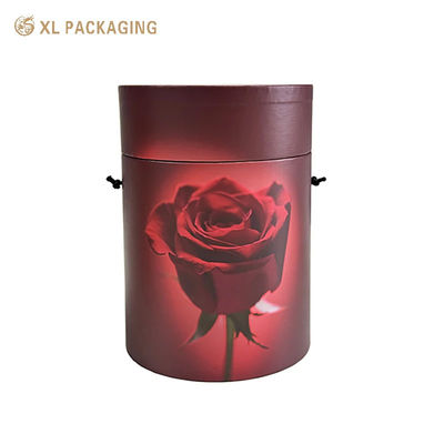 Handmade Flat‑Edge Paper Flower Tube Box with Black Cotton Rope Handle Rose Print Round Gift Box for Fresh Flower