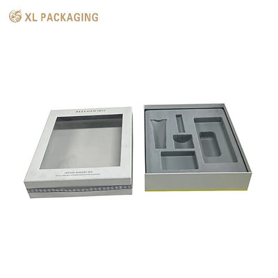 Factory Custom Two Pieces Rigid Window Gift Box Ribbon Bow, Custom Grey Flocked Blister Insert For Skincare Cosmetic Packaging
