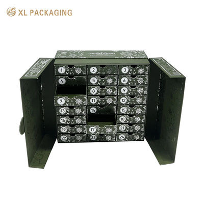 Custom Double Door Advent Calendar Box with Magnetic Closure and 24 Drawers Featuring Full Bright Silver Foil Stamping