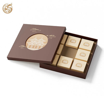 Custom 2‑Piece Mooncake Gift Box, Brown Heaven And Earth Lid Rigid Box With Hollow‑Out Pavilion Design and Paperboard Insert