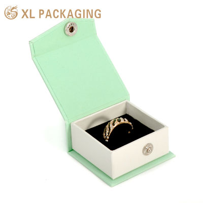 Book-Shaped Ring Jewelry Box with Snap Button Closure, Mint Green Matte Finish, and Black Velvet Insert